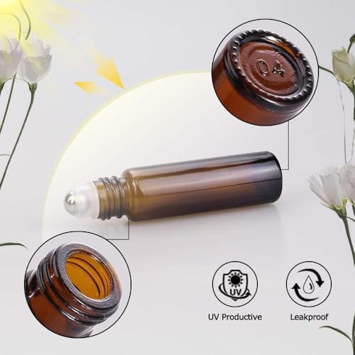 sungwoo 25 Pack Essential Oil Bottles, 10ml Amber Glass Bottles with Stainless Steel Roller Balls and Caps for Travel, Perfume and Lip Gloss - color: Amber, style: 25 Pack