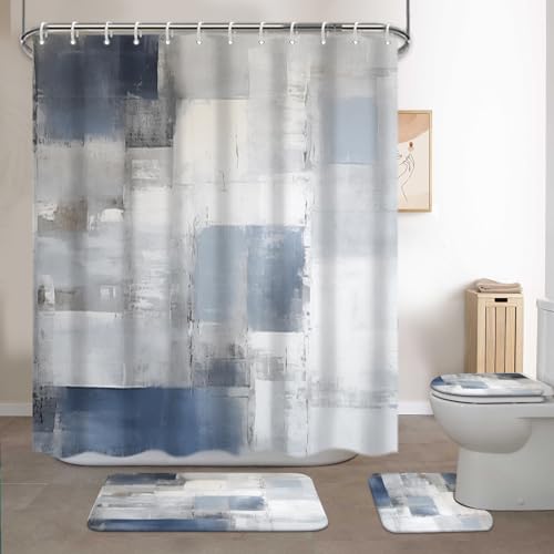 Lnond 4Pcs Bathroom Shower Curtain Sets with Rugs,Blue Grey Abstract Bathroom Sets with Shower Curtain and Rugs and Accessories - color: Blue Grey Abstract