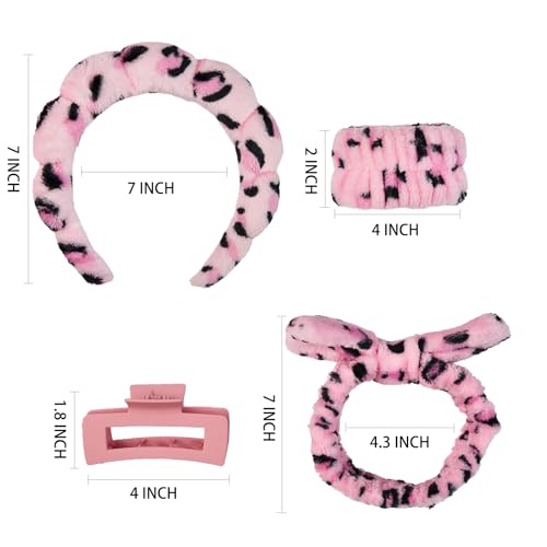 7 Pcs Spa Set, Facial Headband and Wristband Set, Skincare Accessories, College Style Girl Idea Gifts, Hair Accessories for Women and Girls（Leopard Print Pink） - color: Leopard Print Pink