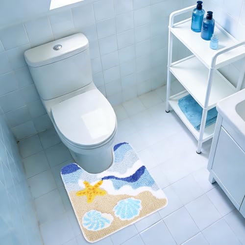 Whaline Summer U Shaped Toilet Mat Bath Rug Absorbent Ocean Wave Beach Seashell Starfish Bathroom Mat for Summer Coastal Toilet Base Bathroom Floor, 19.7 x 23.6 Inch