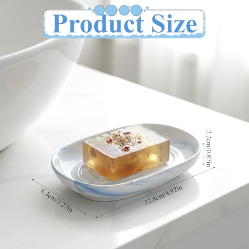 Ceramic Soap Dish, Blue Decorative Bathroom Soap Dish with Unique Marble Texture, Easy Clean Oval Decorative Soaps Tray for Bathroom & Kitchen