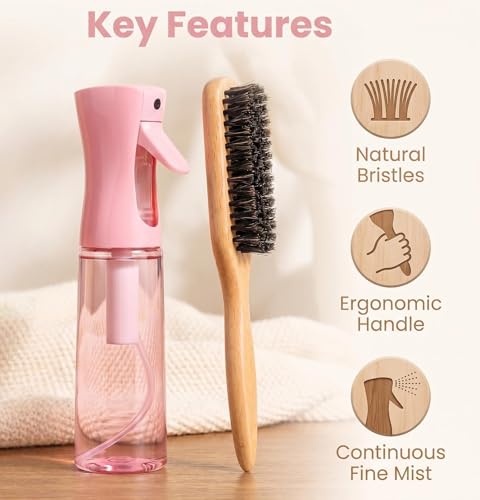 Slick Back Hair Brush,Natural Soft Boar Bristle Hair Brush and Spray Bottles,Made of Soft And Smooth Boar Bristles - Wide Teeth Shape And Define Curls - Styles Women Curly Hair (PINK)