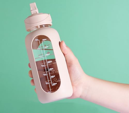 CIVAGO 32 oz Glass Water Bottle with Straw and Handle, Large Sports Motivational Water Bottle Flask with Time Marker and 2 Lids, Leakproof Water Jug Canteen with Silicone Sleeve for Gym,Beige - color: Beige, size: 32 Ounces