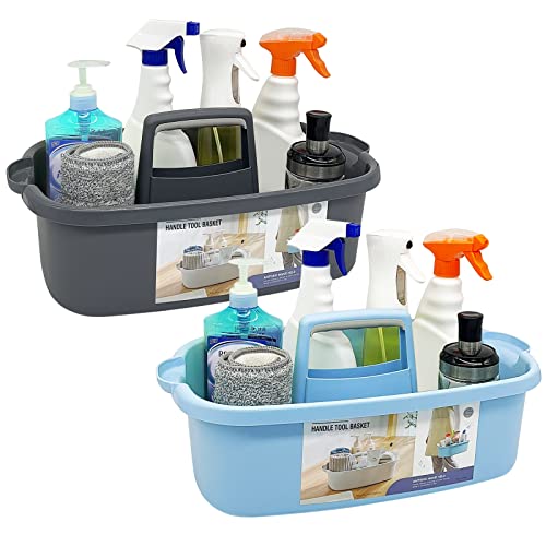 Goderewild 2 Pack Multi-Purpose Plastic Cleaning Caddy with Handle, Shower Caddy Organizer/Storage Basket/Totes Portable for Bathroom Supplies, Cleaning Products, Under Sink Tool. (blue+grey) - color: Blue+Grey, size: 2 Pack