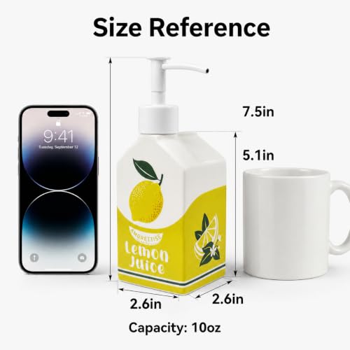 Ceramic Lemon Hand Soap Dispenser Pump Bathroom Kitchen Refillable Bottle | Cute Funny Design, Refillable, Reusable, 300ml/10oz - color: Lemon