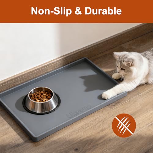 ukeetap Extra Thick Silicone Mat Waterproof with Raised Edge 19” x 12”, BPA Free Non-Slip Dog & Cat Food Mat, Feeding Mat for Food and Water Bowls, Spill Proof Mat to Protect Floors, Gray - color: Gray, size: 19"L x 12"W