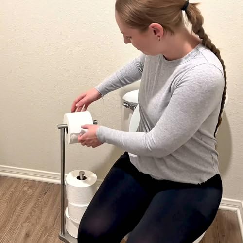 theaoo Heavy-Duty Toilet Paper Holder Stand – Modern Freestanding Bathroom Toilet Tissue Paper Roll Holder with Reserve & Storage, Stainless Steel (Silver, Free Standing) - color: Silver