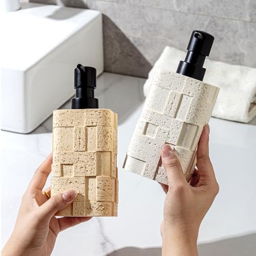 Soap Dispensers 13.5 OZ, 2 PCS Travertine Stone Look, White | Luxurious, Modern, Hand Dish Lotion Shampoo Soap Dispenser Jar with Pump Bottles for Kitchen Sink Bathroom Countertop - color: White