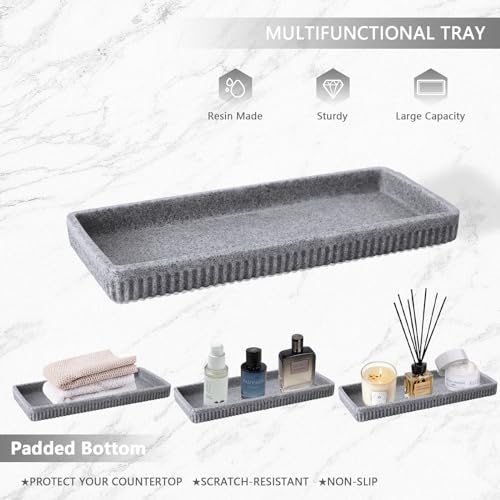 XLHOMO Resin Grey Bathroom Accessories Set 5 Pcs, Lotion Soap Dispenser, Toothbrush Holder, Bathroom Tumbler, Qtip Holder and Vanity Tray, Bathroom Countertop Organizer Set for Modern Home Apartment - color: Grey, size: Resin Bath Set
