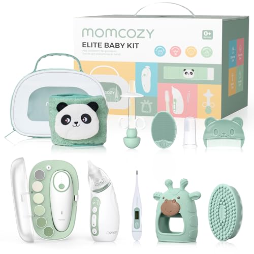 Momcozy Elite Baby Kit, Superior Baby Shower & Registry Essential Kit for Grooming & Health & Cleansing Care, Electric Nail File & Nasal Aspirator,Tummy Wrap,Thermometer,Bath Brush,Teether,Storage Bag - size: Elite Baby Kit