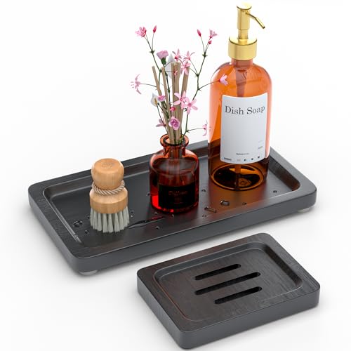 YELLOW LOTUS Black Bathroom Accessories Set 2 pcs - 9’’ Small Black Bamboo Tray for Bathroom, Wooden Bar Soap Holder for Shower, Kitchen Soap Dispenser Set for Sink, Kitchen Dish Tray Decor
