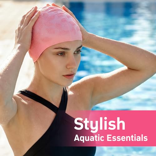 Women Swim Cap 2 Pack for Long Hair, Silicone Flower Adult Swimming Caps Waterproof for Girl Youth No Wet Hair - color: Black & Pink