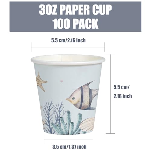 WRAPAHOLIC 3oz Paper Cups - 100 Pack Disposable Bathroom Cups with Undersea Fish Design, Small Mouthwash Cup for Toothbrush Rinse, Home Bathroom, Picnic, BBQ, Travel and Party - color: Blue Seafish