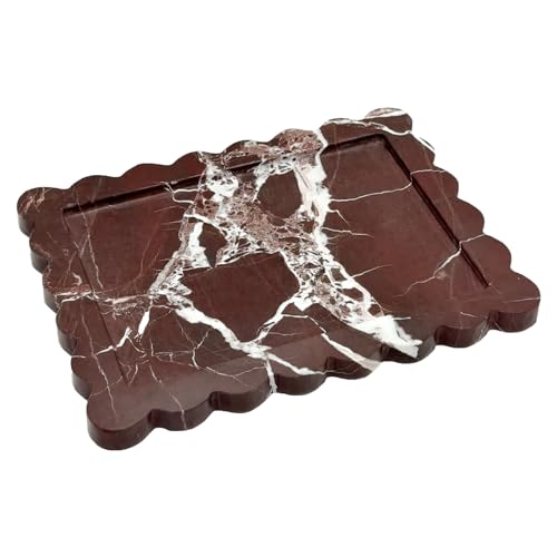 Real Natural Red Marble Tray, Luxury Scalloped Marble Tray, Decorative Rectangle Marble Tray for Vanity Bathroom Kitchen Coffee Table Jewelry Perfume Home Decor - color: Rosso Lepanto