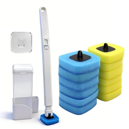 Disposable Toilet Bowl Brush with 12 Refills, Plastic Handle, Blue and Yellow, Dual-Color Sponge Heads, Toilet Cleaning Starter Kit (Plastic Handle with 12 Refills)