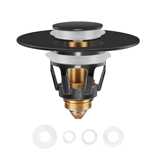 Universal Bathroom Sink Stopper in Brass, 1.04-1.97 Inch Pop Up Basin Sink Drain Stopper, Sink Drain Strainer with Anti Clogging Filter Hair Catcher, Black - color: Black 1.04-1.97" Single Piece