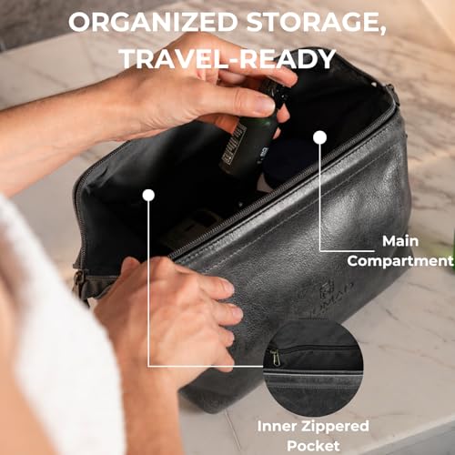 NomadCraftsCo. Premium Leather Travel Toiletry Bag for Men and Women, King-Size Dopp Kit with Waterproof Lining, Mens Toiletry Travel Bag - color: Charcoal Grey