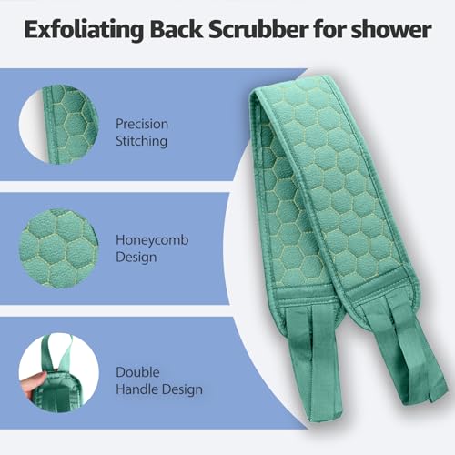 Back Scrubber for Shower with Handles, 40 Inch Extra Long Double-Sided Exfoliating Bath Strap, Textured Body Washer with Extended Reach for Deep Cleaning (Green) - color: Green