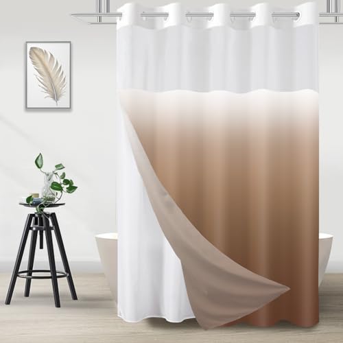 No Hook Shower Curtain with Snap in Liner, Ombre Brown Shower Curtains and Liner Set, Hotel Fabric Bath Curtain for Bathroom, Mesh Top Window Waterproof Washable, 71" x 74" - color: Ombre Brown, size: 71"W x 74"L (Pack of 1)