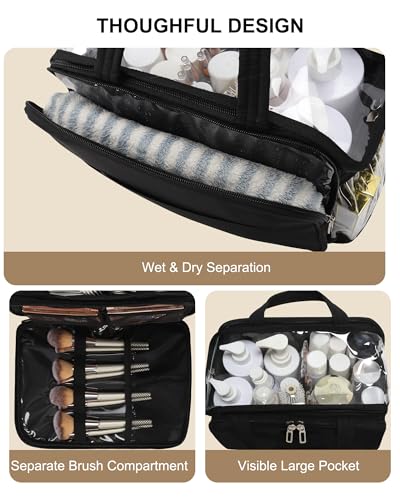 Travel Toiletry Bag for Women with Compartments, Large Wide-open Toiletries Bag for Men, Lightweight Cosmetic Makeup Bag Organizer with Handle for Full-size Shampoo, Conditioner, Door Room Essentials - color: 01-Black, size: X Large