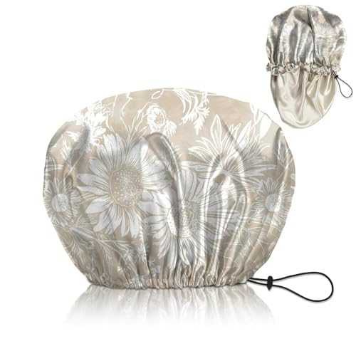 Luxury Shower Cap Satin Silk Lined Adjustable Elastic Reusable Waterproof Shower Bath Cap Cute for Women Girls-Golden Sunflower - color: AK12-Golden Sunflower