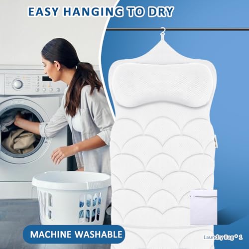 REEZEIVI Full Body Bath Pillow,Thick Bathtub Cushion with Laundry Bag,Bath Pillow with 13 Non-Slip Suction Cups,Soft 3D Mesh Fabric,Bathtub Cushion for Headrest Neck and Back Support (White) - color: White