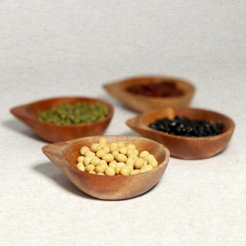 VieWood Mini Wooden Bowl Set of 4 (3.5 x 3.1 x 0.78 inch) for Condiments, Dip Sauce, Ketchup, Small Wood Bowl for Jam, little Prep, Olive (Scallop)