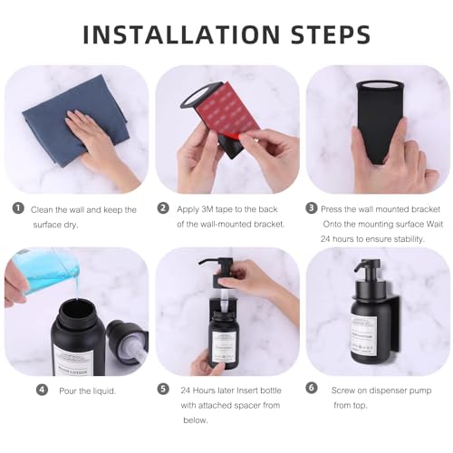 Black Glass Soap Dispenser Wall Mount for Bathroom with Pump and Drill-Free Holders - 8.5 Oz Hand Soap Dispenser, Shower Dispenser with Waterproof Labels | Heavy-Duty & Rust-Proof: Stainless steel pump & bracket, thick glass bottle, leak-resistant & smoot