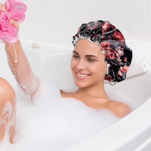 2 PCS Shower Cap Waterproof Double Layer Elastic Adjustable Reusable Hair Bath Caps for Girls Women Cute Aesthetic-Purple Red - color: G20-Purple Red