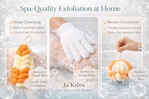 Ja'Kdrs Loofah and Exfoliating Glove Set, 2 Piece Bath Sponge Set (Orange & White) - color: Orange & White