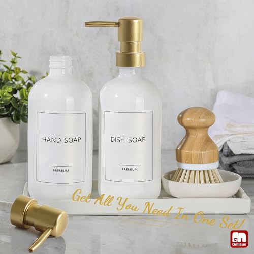 GMISUN Kitchen Soap Dispenser, 16 Oz Kitchen Dish Soap Dispenser Set with Ceramic Tray & Bamboo Brush, 2Pcs Farmhouse Dish Soap Dispenser for Kitchen, Modern White Glass Liquid Hand Soap Dispenser - color: White Bottles + Gold Pumps