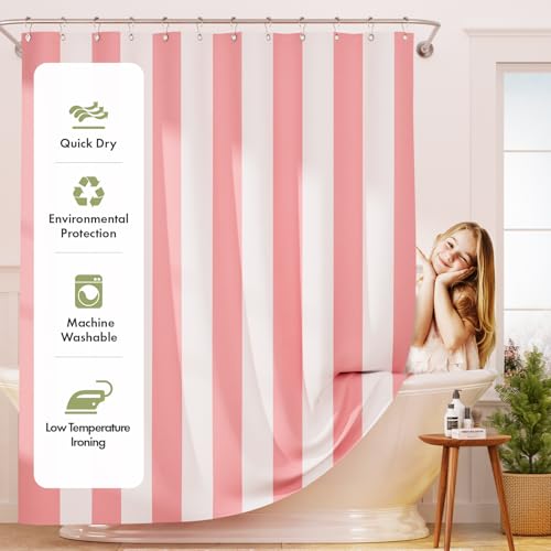 AmazerBath Pink Vertical Stripes Shower Curtain, Cute Pink Stripe Bathroom Shower Curtain with 12 Shower Curtain Hooks, Rustic Fabric Pink and White, 72x72 Inches - color: A- Pink Vertical Stripes+12 Metal Hooks, size: 72"W x 72"L (Pack of 1)