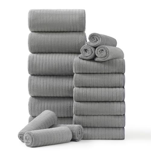Hailea 18 Piece Family Bath Towel Set Include 6 Bath Towels,6 Hand Towels and 6 Washcloths Soft Bathroom Towel with Hanging Loops,Highly Absorbent Quick Dry Towels Set for Bathroom,Hotel and Spa-Grey - color: Grey, size: 18-Piece Set