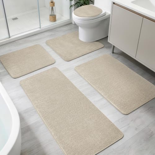 YIHOUSE Memory Foam Bathroom Rugs Sets 5 Piece - Extra Thick Soft Towel-Like Absorbent Bath Mat Set, Non Slip Machine Washable Bath Rugs Carpet for Bath, Tub and Shower, Beige - color: Beige, size: 1'8" x 3'10" (5 pieces)