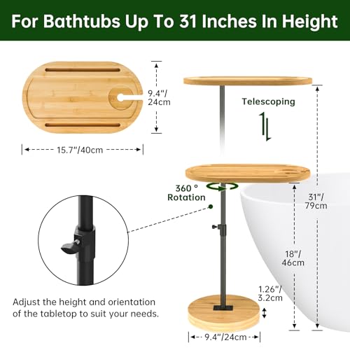 NiHome Bamboo Swivel Sofa Armrest Tray Table for Couch with Thickened Stable Base, Adjustable Height TV Tray Side Table with 360° Rotating for Bath Tub Hot Tub Bedside Balcony - size: Standard
