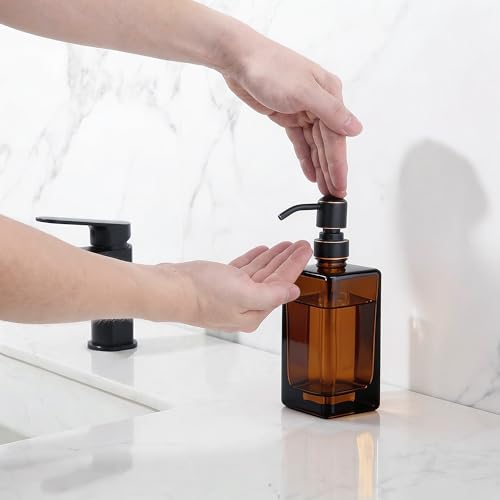 13.5 Oz Coffee Glass Soap Dispenser with Rust Proof Stainless Steel Pump, Antique Design Refillable Square Lotion Dispenser for Bathroom, Premium Kitchen Hand Soap (Oil Rubbed Bronze) - color: Coffee+oil Rubbed Bronze