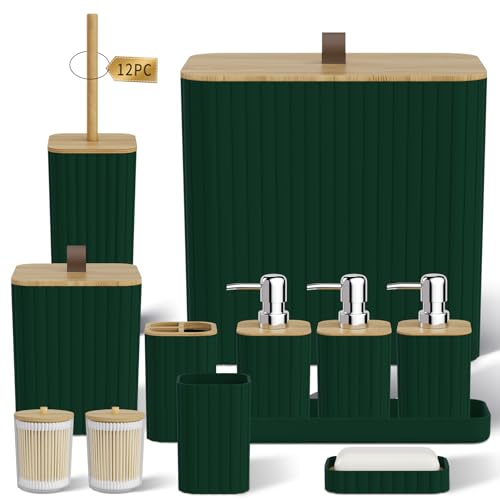 Bathroom Accessory Set - Green Bathroom Set, 12PC Bathroom Accessories Set, Green Bathroom Accessories Set, Mini Trash Can, Toilet Brush, Trash Can & Soap Dispenser - size: Bathroom Set, style: Dark Green