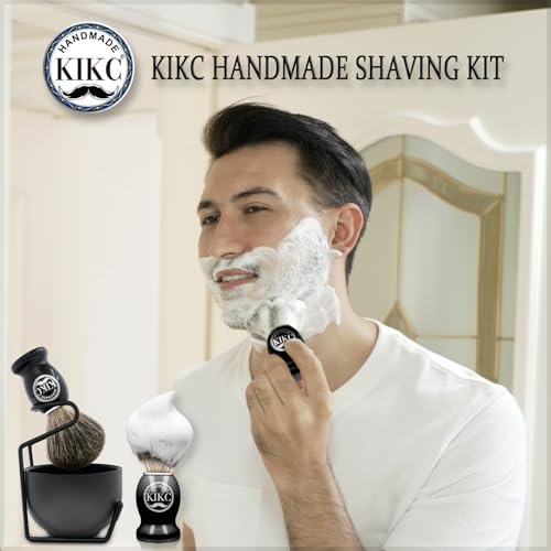 KIKC 5 in 1 Shaving Kit for Wet Shave, Set Includes Hand Crafted Pure Badger Shave Brush, Stainless Steel Lathering Soap Bowl, Shave Brush Stand, Shaving Cream, Best Gift for Bearded Man, Deluxe Black - color: black Stainless set