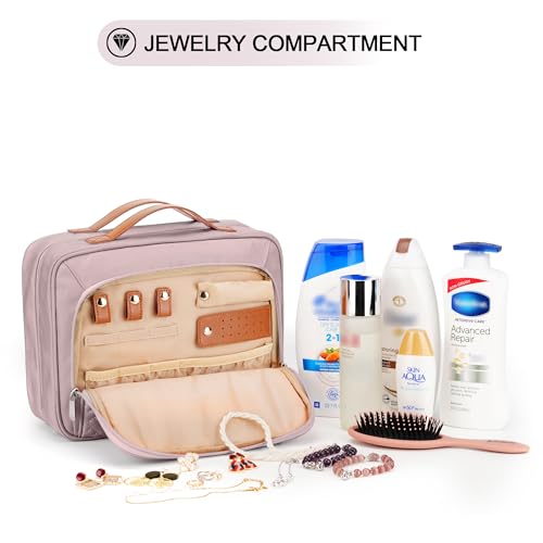 Travel Hanging Toiletry Bag for Women, with Jewelry Organizer Compartment, Medium Waterproof Hanging Makeup Accessories, Cosmetic Essentials, Toiletries Dopp Kit Set with Trolley Belt, Baby Pink - color: Baby Pink, size: Medium