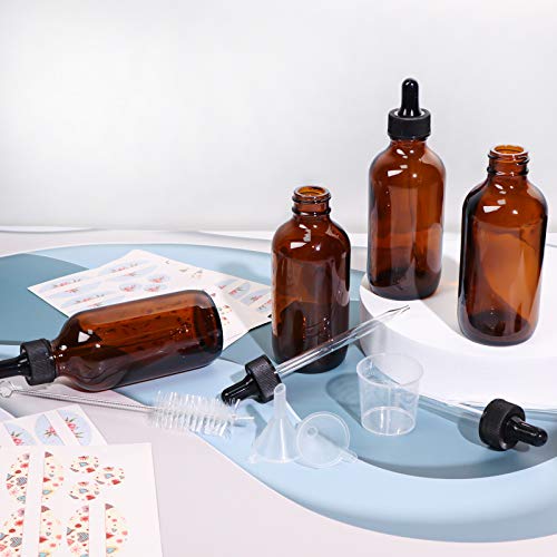 12 Pack 4oz Amber Glass Bottles with Glass Eye Droppers for Essential Oils, Perfumes & Lab Chemicals (1 Brush, 2 Funnels, 2 Extra Droppers, 24 Pieces Labels & 30ml Measuring Cup Included) - color: Amber