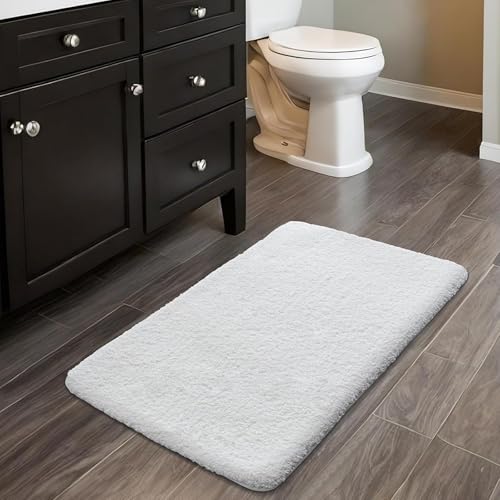 Small Bath Rugs White 17x24 Fluffy Non-Slip Bath Mat for Tub Washable Plush Bathroom Floor Mat Luxury Shag Absorbent Bath Rug for Shower Soft Bathroom Sink Mat