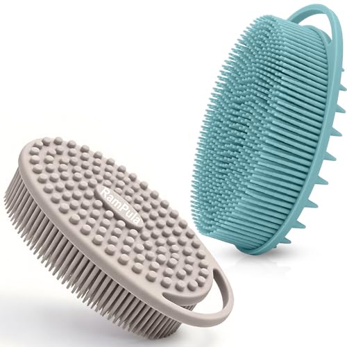 Silicone Body Scrubber – Dual-Sided Silicone Loofah for Shower, Set of 2 Soft Exfoliating Body Bath Shower Scrubber Loofah Brush Easy-to-Clean for Sensitive Kids Women Men All Kinds of Skin - color: Eucalyptus Green and Starlight