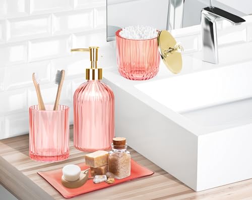 Haturi Bathroom Accessories Set, 4 Pcs Pink Glass Bathroom Accessories Sets Complete w/Lotion Soap Dispenser, Toothbrush Holder, Apothecary Jar, Vanity Tray, Bathroom Decor, Gift for Home Apartment - style: Pink