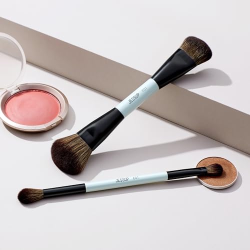 Jessup Makeup Brushes 2pcs Double Sided Foundation Brush Contour Brush Dual Ended Eye Blending Brush, Multi-functional Cosmetic Brush Bright Cyan T502 - style: 2pcs-T502