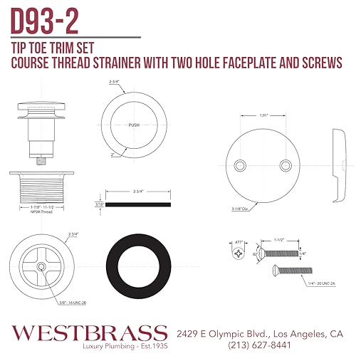 Westbrass D93-2-01 1-1/2" Tip-Toe Bathtub Drain Plug Trim Set with Two-Hole Overflow Faceplate,Polished Brass - color: Polished Brass, size: 1 Pack