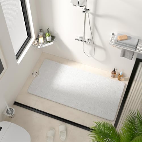 HITSLAM Non Slip Bathtub Mat 40 x 20 Inch, Extra Long Bath Mat for Tub, Soft PVC Loofah Shower Floor Mat with Drain, Quick Drying Bathroom Tub Mat for Wet Area, Without Suction Cup, White - color: White, size: 40" x 20" (Rectangular)