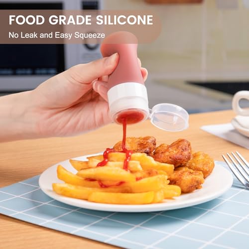 MICEBAY Condiment Squeeze Bottles for Sauces, 2-oz Mini Silicone Salad Dressing Container to Go with Reusable Sandwich Bag, Leakproof Sauce Bottle for Lunch Box, 4 Pack, Apricot - color: Apricot, size: 2 OZ
