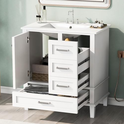 Linique 30" Bathroom Vanity with Sink Combo Set, Solid Wood Frame Bathroom Storage Cabinet with a Soft Closing Door and 3 Drawers, White - color: White, size: 30"/ Door without Organizer
