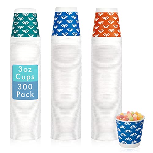 JollyPack 300 Pack 3 oz Disposable Bathroom Paper Cups, Small Mouthwash Cups in Orange, Blue, and Green, Great for Candy, Biscuits, Bathroom Use, Parties, Picnics, and Travel