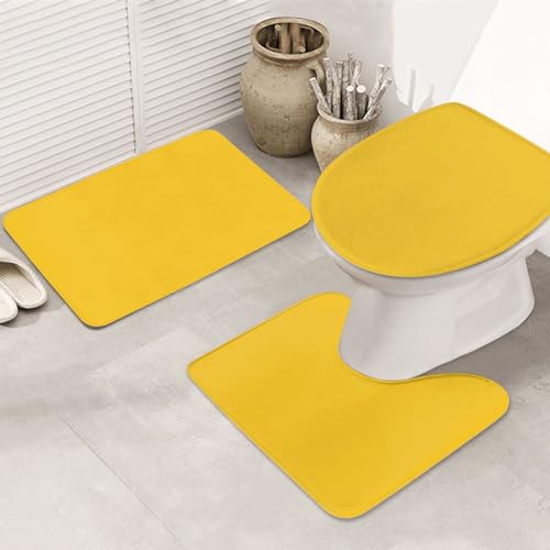 Bathroom Rugs Set 3 Piece Elegant Simple Rich Yellow Bath Rug Mat Set, Non Slip Absorbent Bathroom Decor Mat, Toilet Lid Cover & U Shaped Contour Rug - color: Rich Yellow, size: 1'8" x 2'6" (Rectangular)